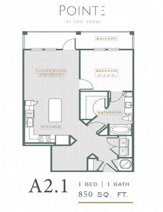 Floor plan for 1 bed, 1 bath, 850 sqft